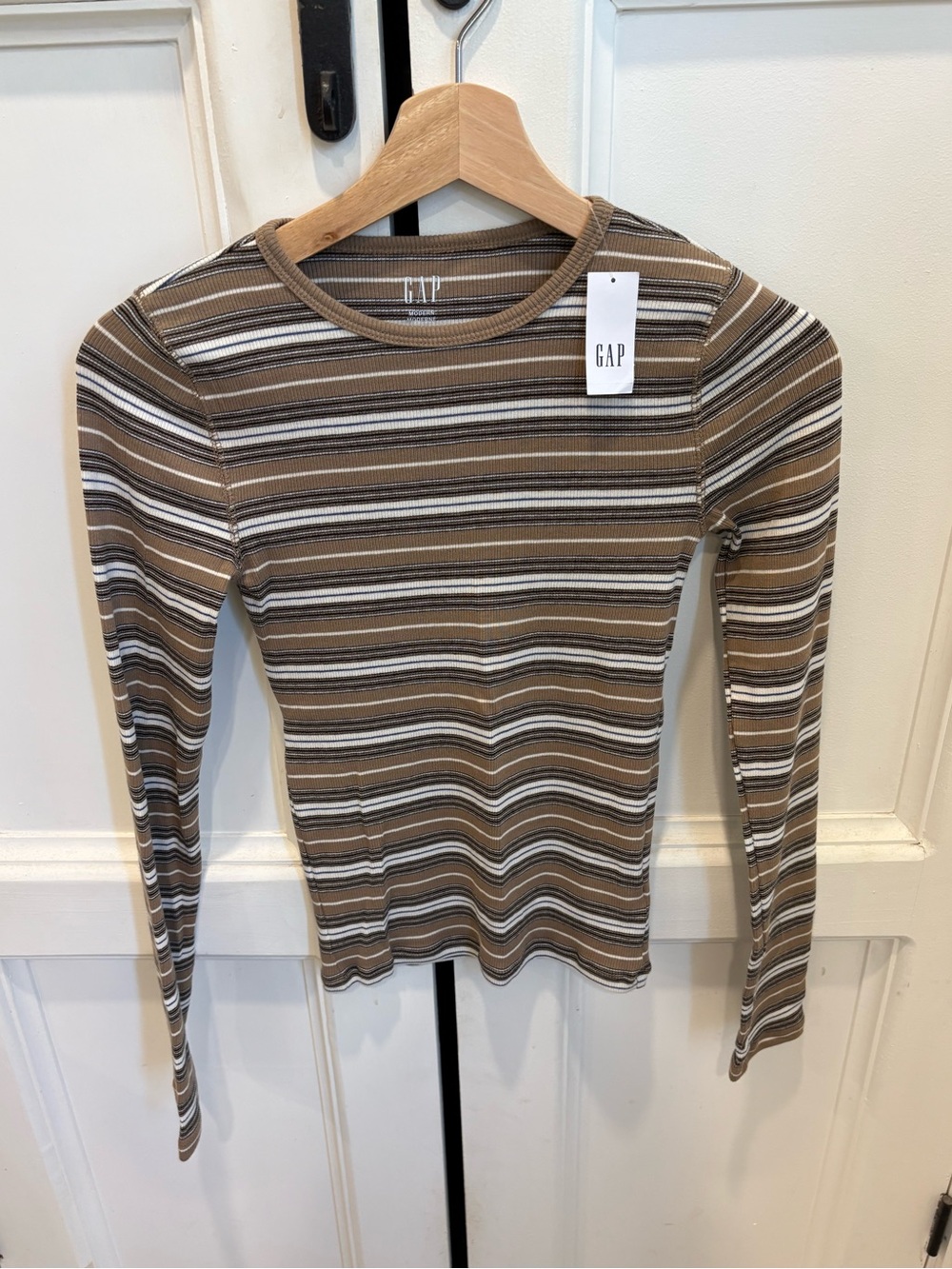 Gap modern rib crewneck long sleeve shirt new with tags xxs brown stripe